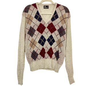 Panache Vintage 80s 90s Shetland Wool Diamond Print VNeck Sweater Sz L Academia